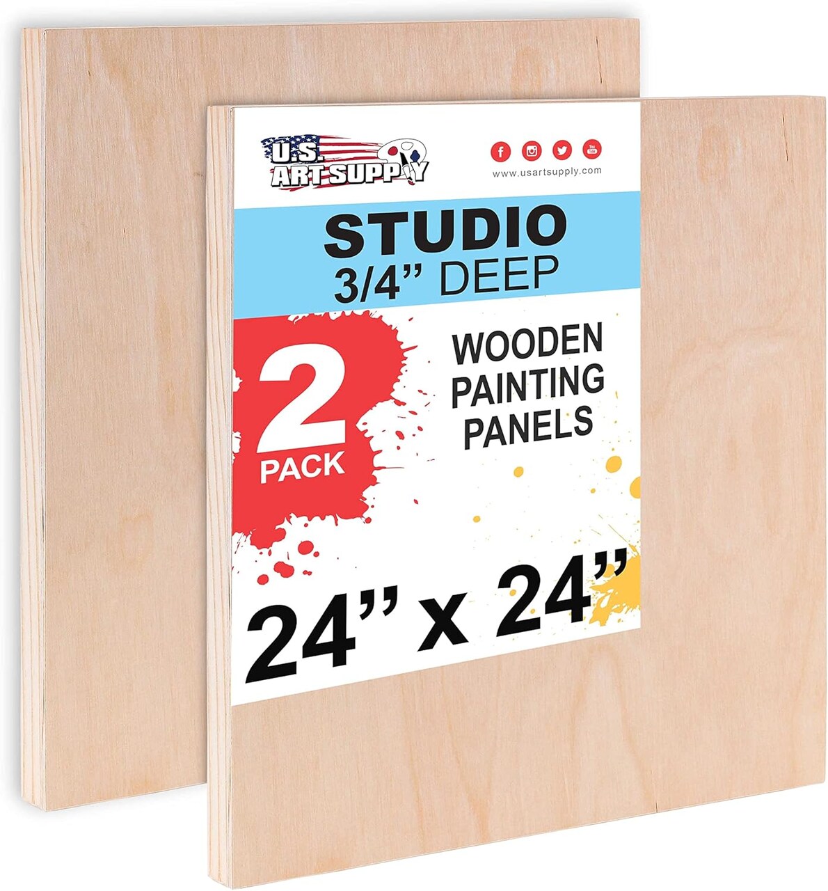 Unfinished Cradled Wood Panels for Painting, 2 Pack of 24x24 inch - Studio Birch Wooden Canvas Boards 3/4" Deep - Mixed-Media Craft, Acrylic, Oil, Encaustic, Paint Pouring Panel Board